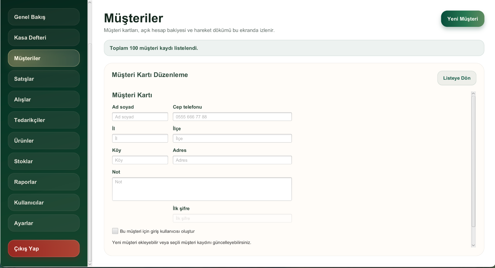 Opsenra Müşteri Kartı desktop ekranı