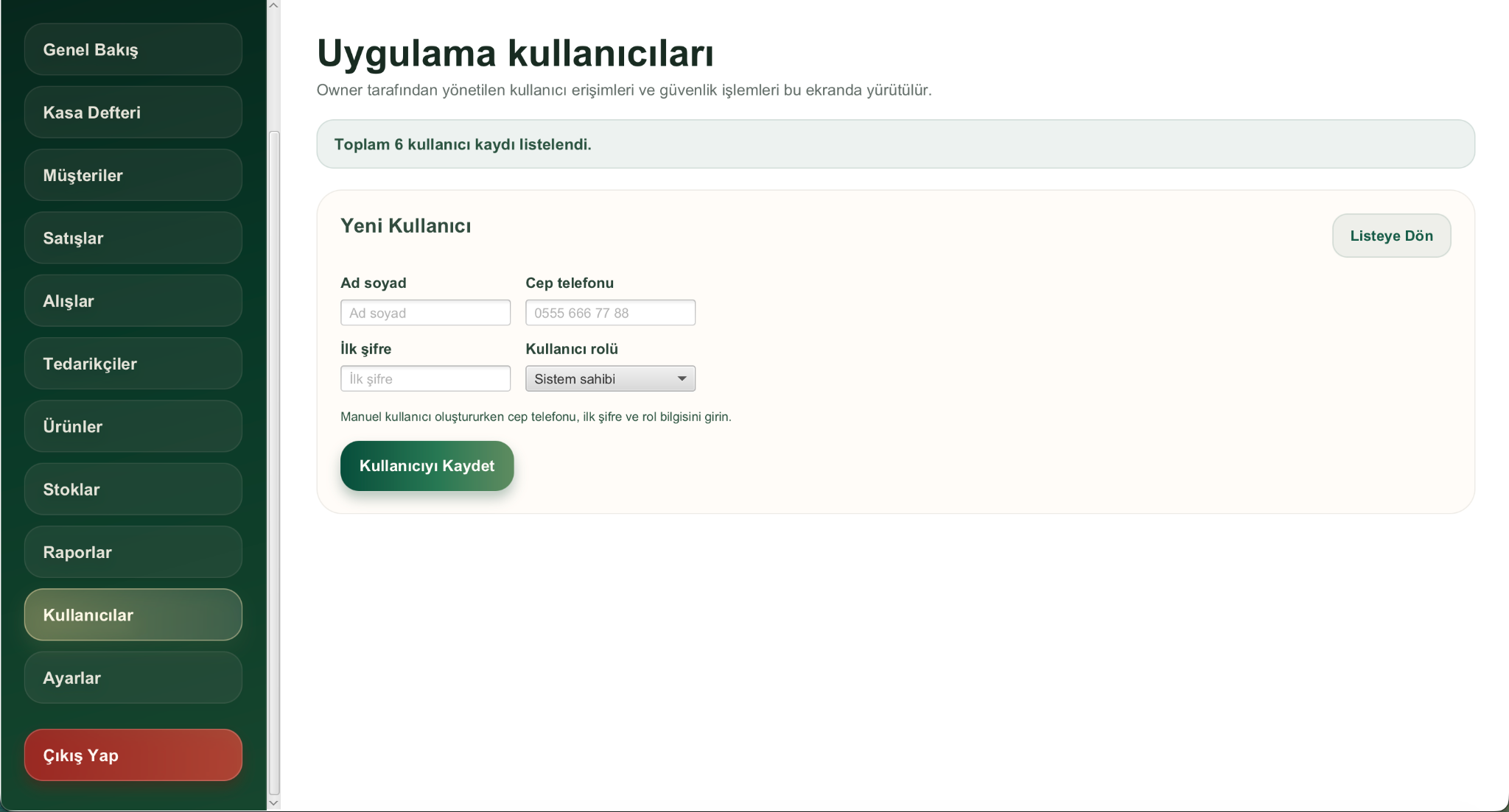 Opsenra Kullanıcı Yönetimi desktop ekranı