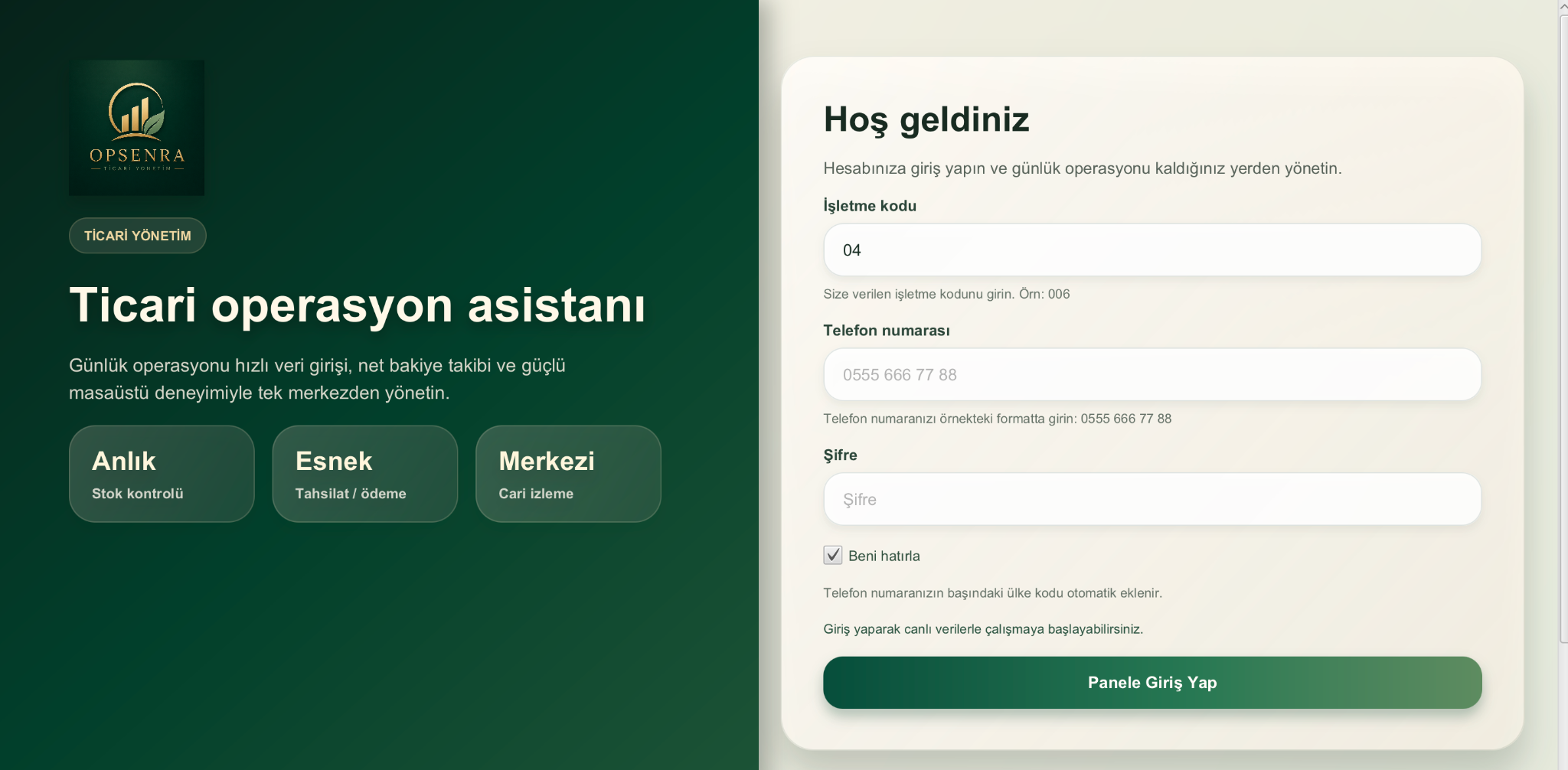 Opsenra desktop giriş ekranı