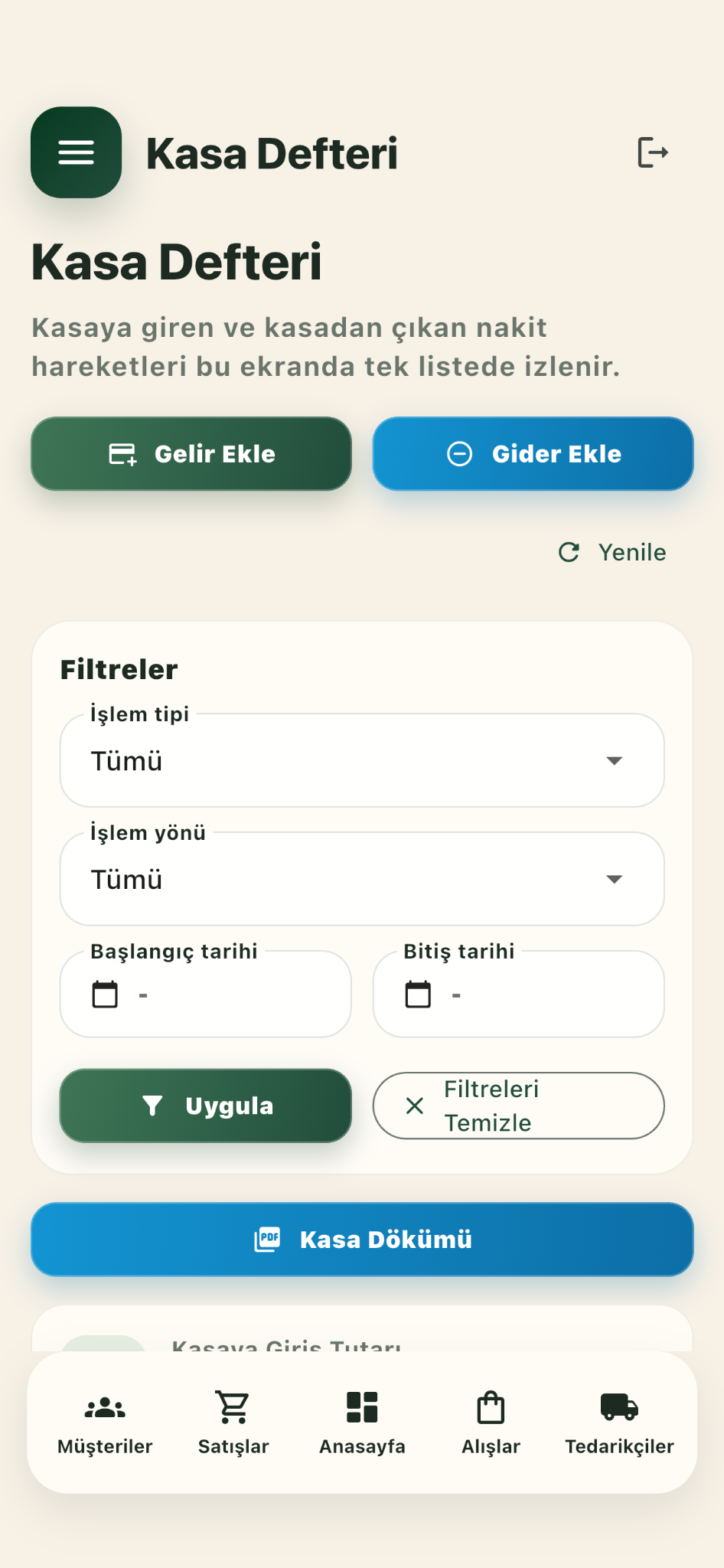 Opsenra Kasa Defteri mobil ekranı