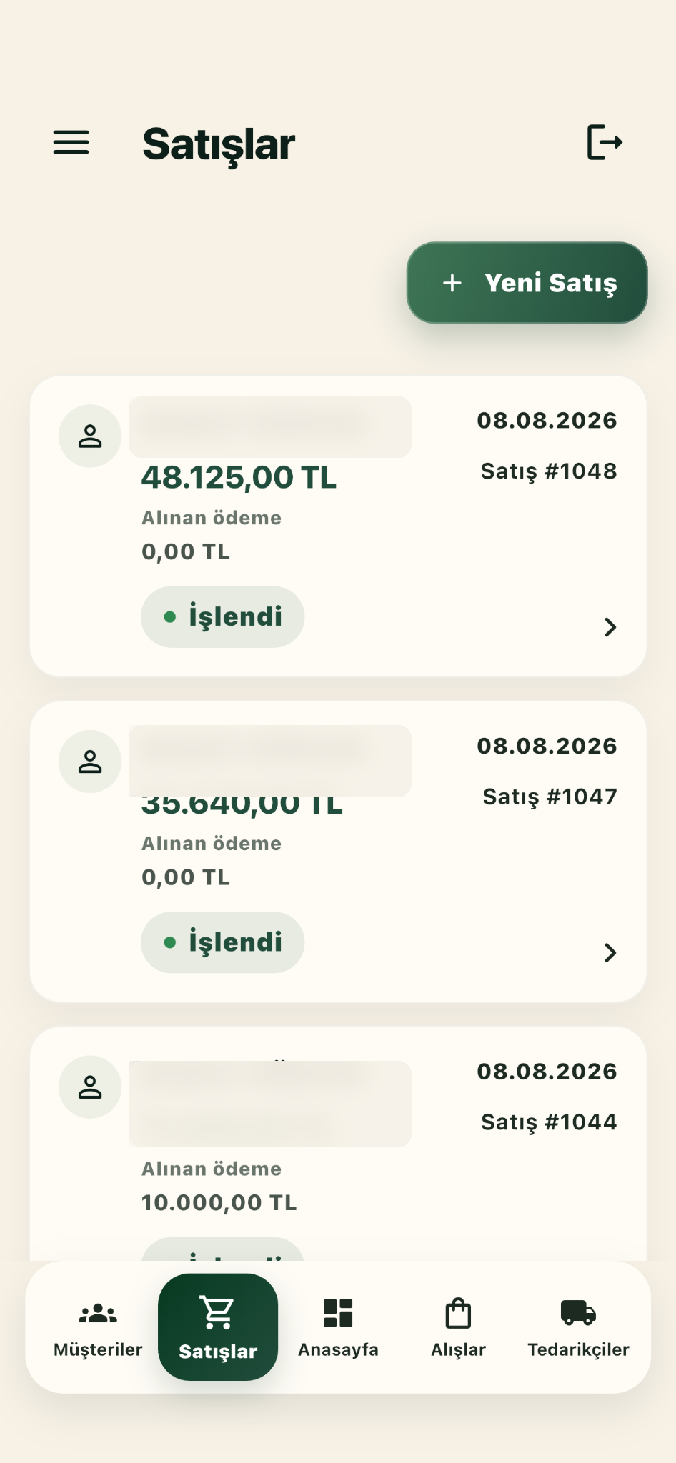 Opsenra Satış Listesi mobil ekranı