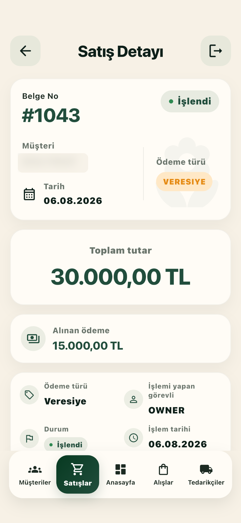 Opsenra Satış Detayı mobil ekranı