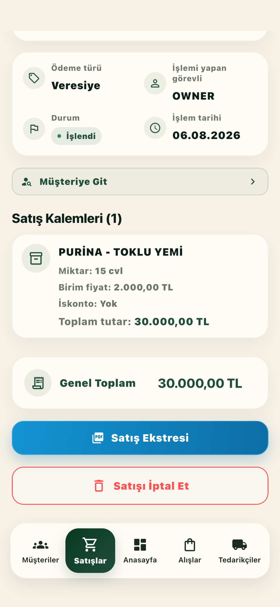 Opsenra Satış Kalemleri mobil ekranı