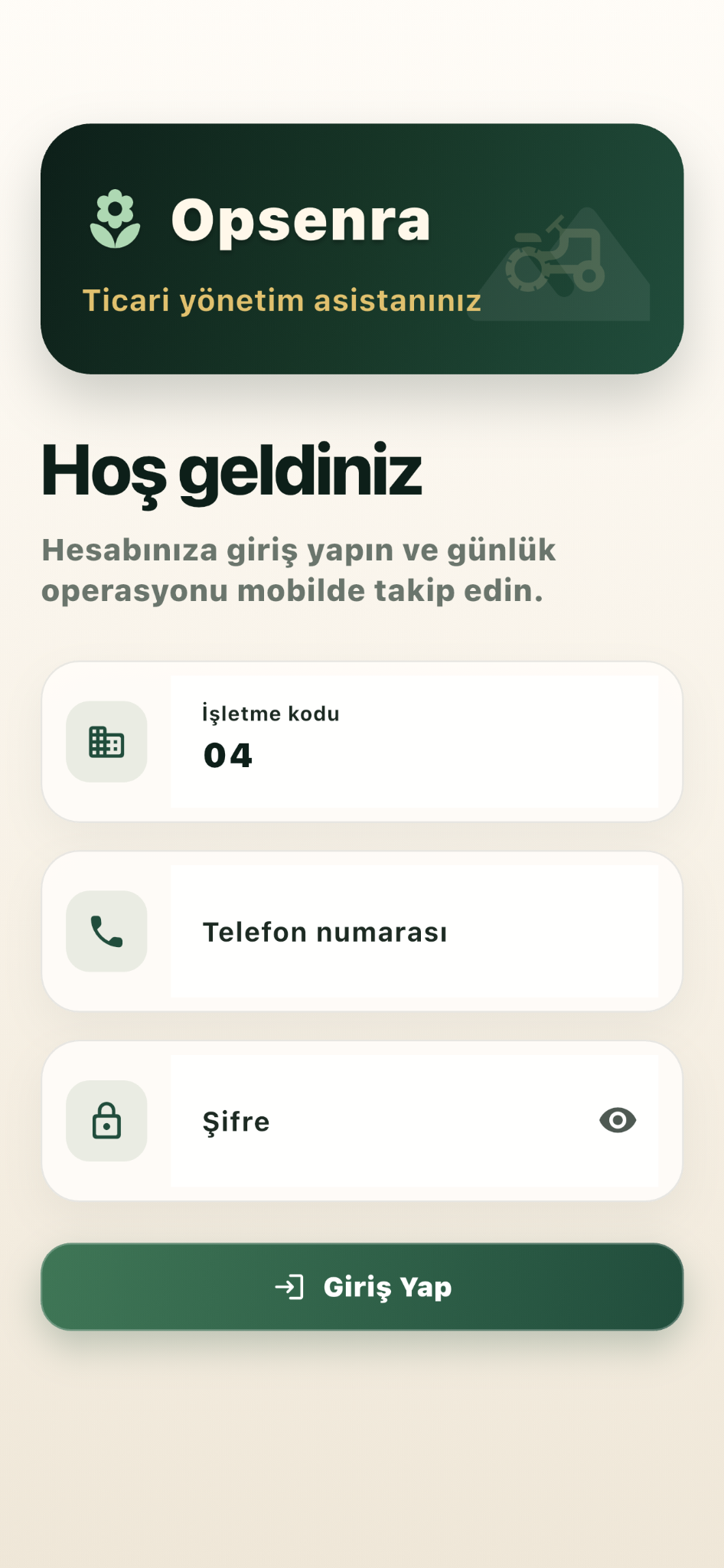 Opsenra mobil giriş ekranı